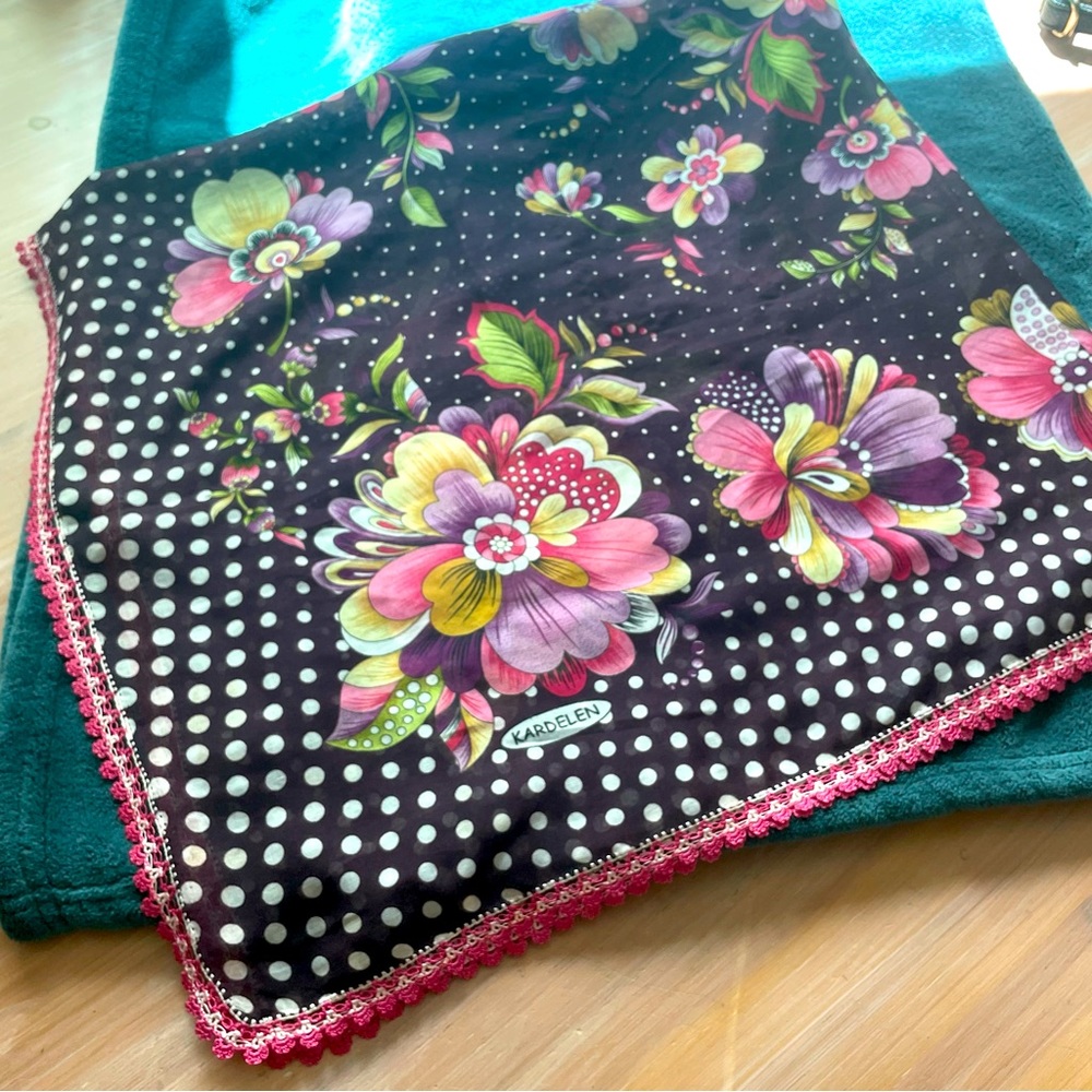 KARDELEN Scarf! Deep Purple with Gorgeous Floral Print! Crochet Edge!